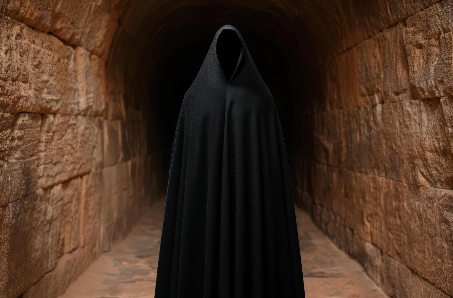 Mysterious cloaked figure in dark tunnel photo