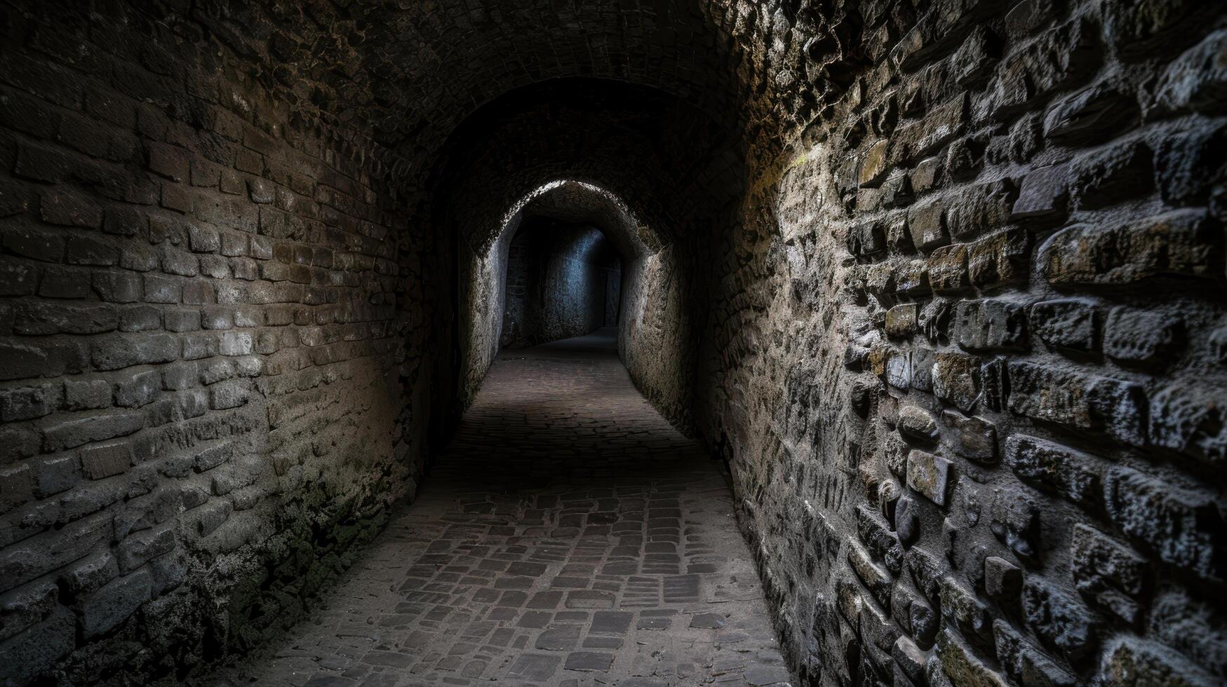 Mysterious underground tunnel with brick walls photo