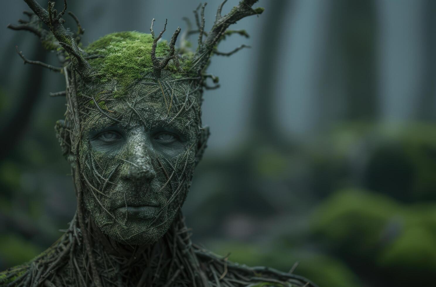 Mysterious forest creature with moss covered face photo