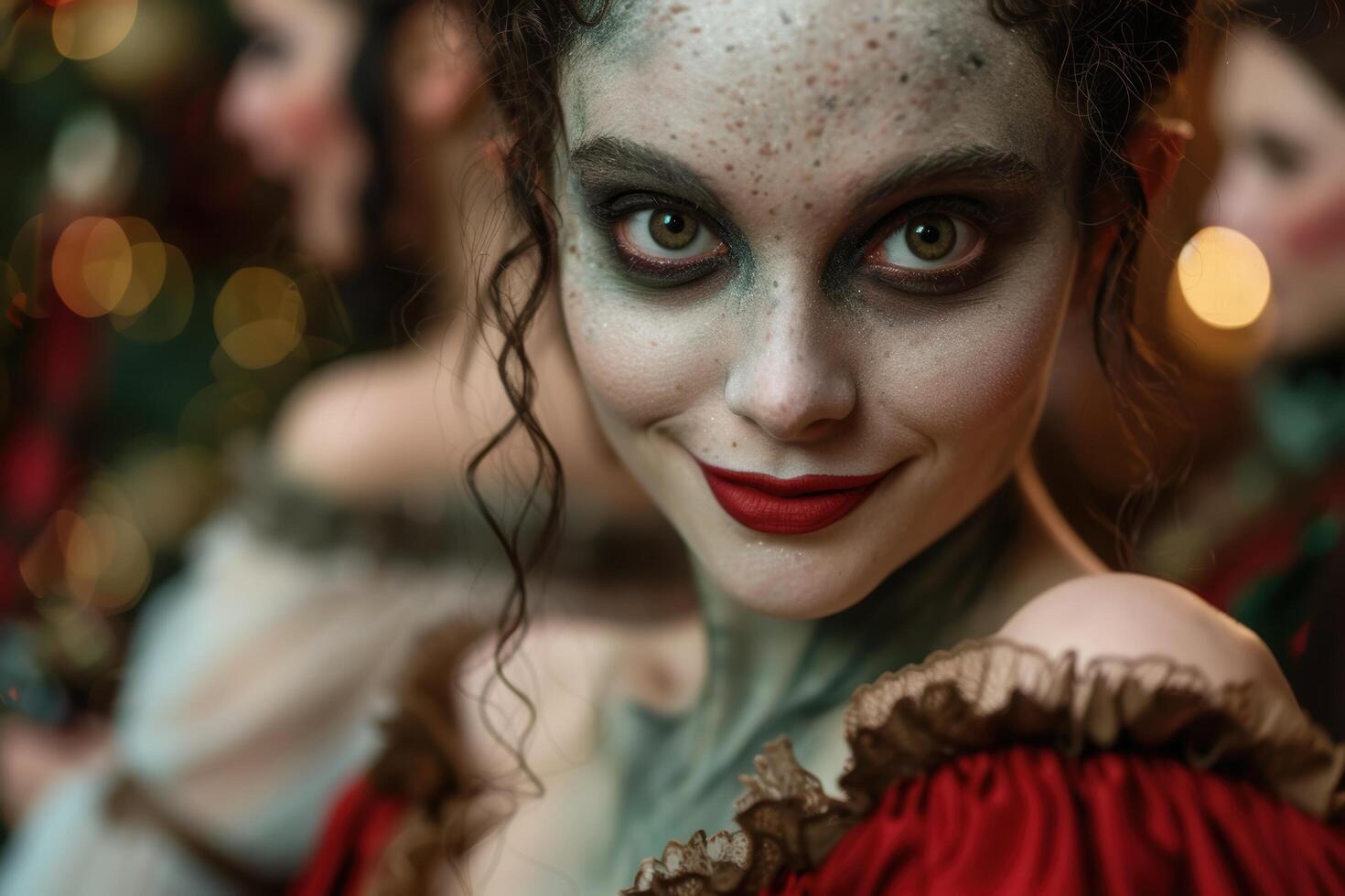 Mysterious woman with red lips and dark eyes photo