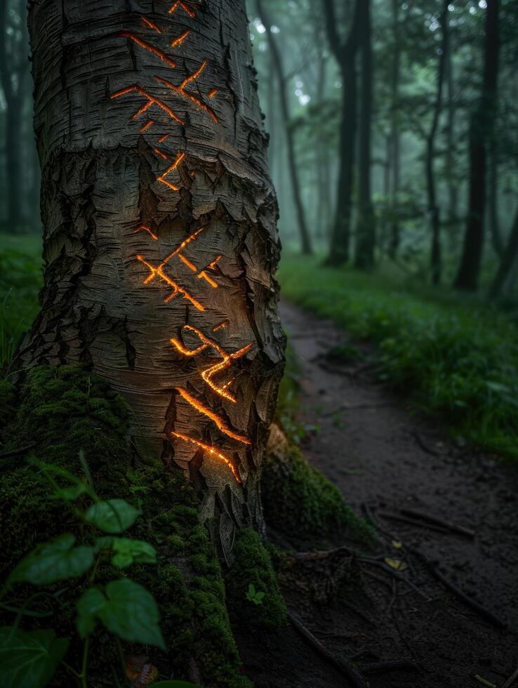 Glowing tree bark in a mysterious forest photo