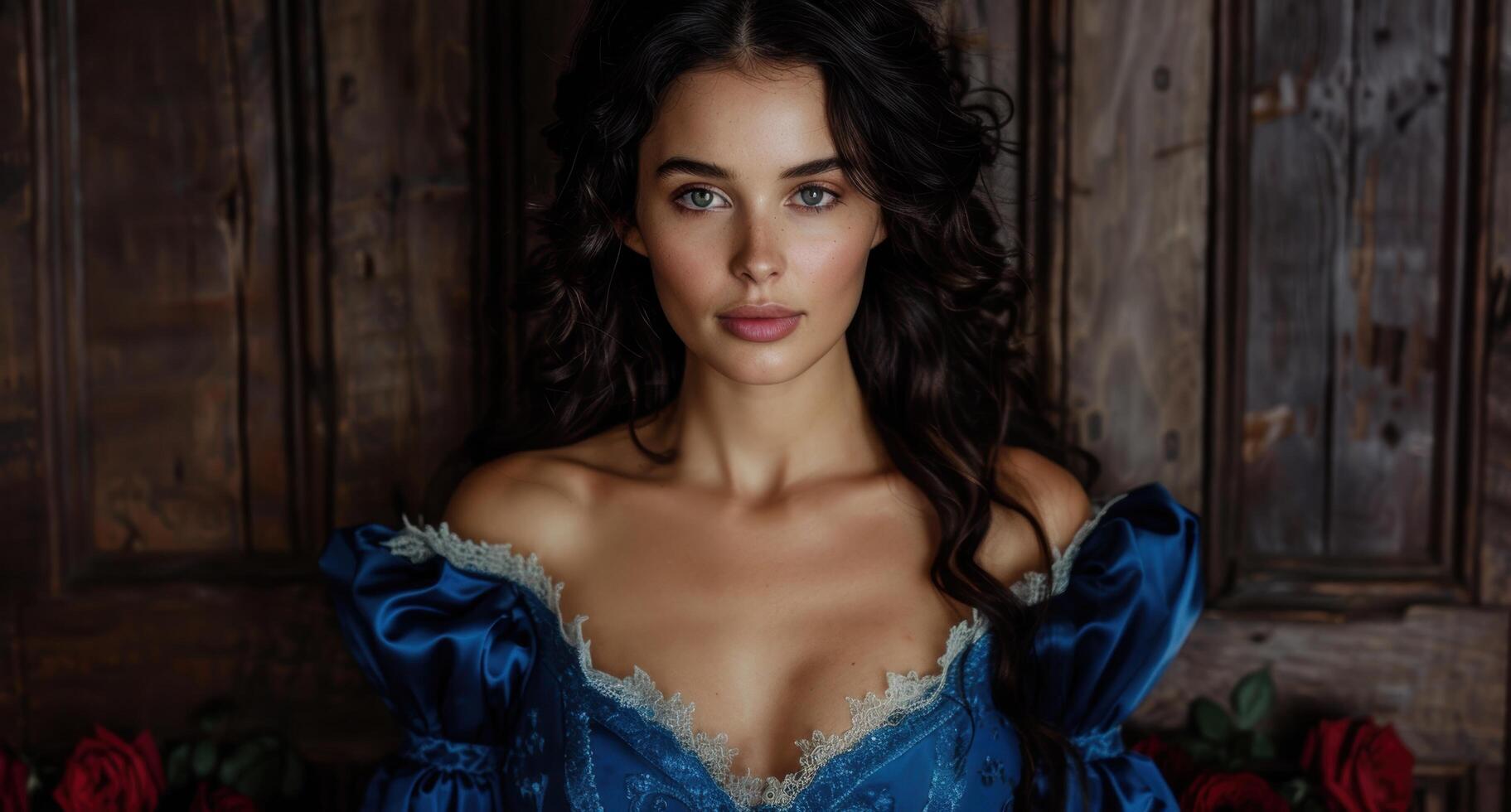 Elegant woman in blue dress posing in rustic setting photo