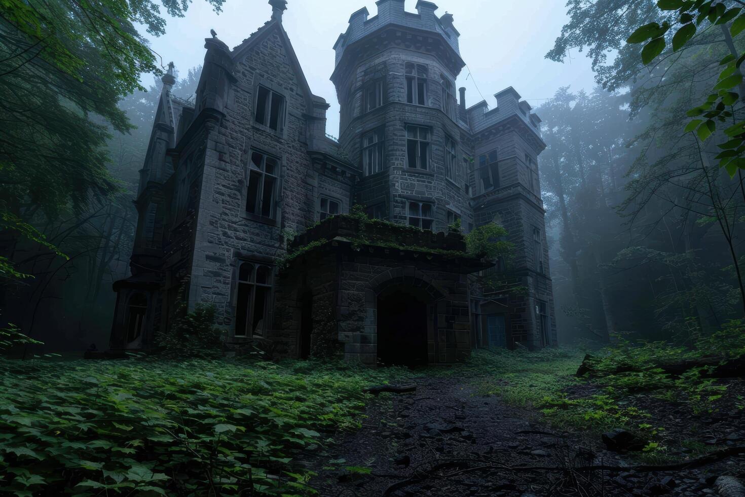 Mysterious abandoned castle in the misty forest photo