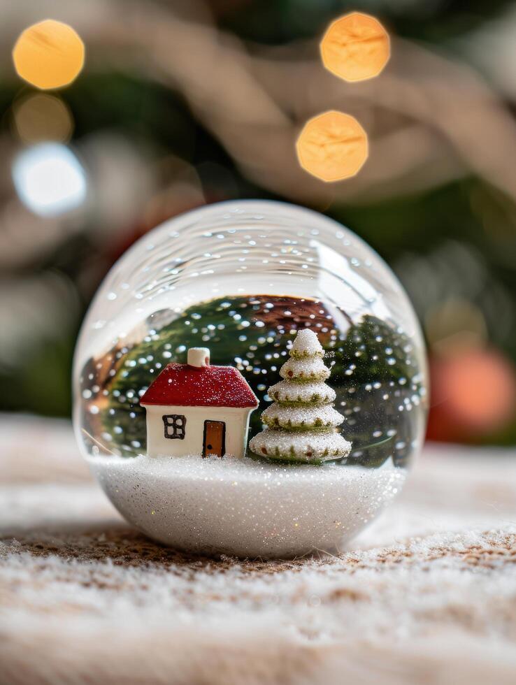 Cozy winter scene in a snow globe photo