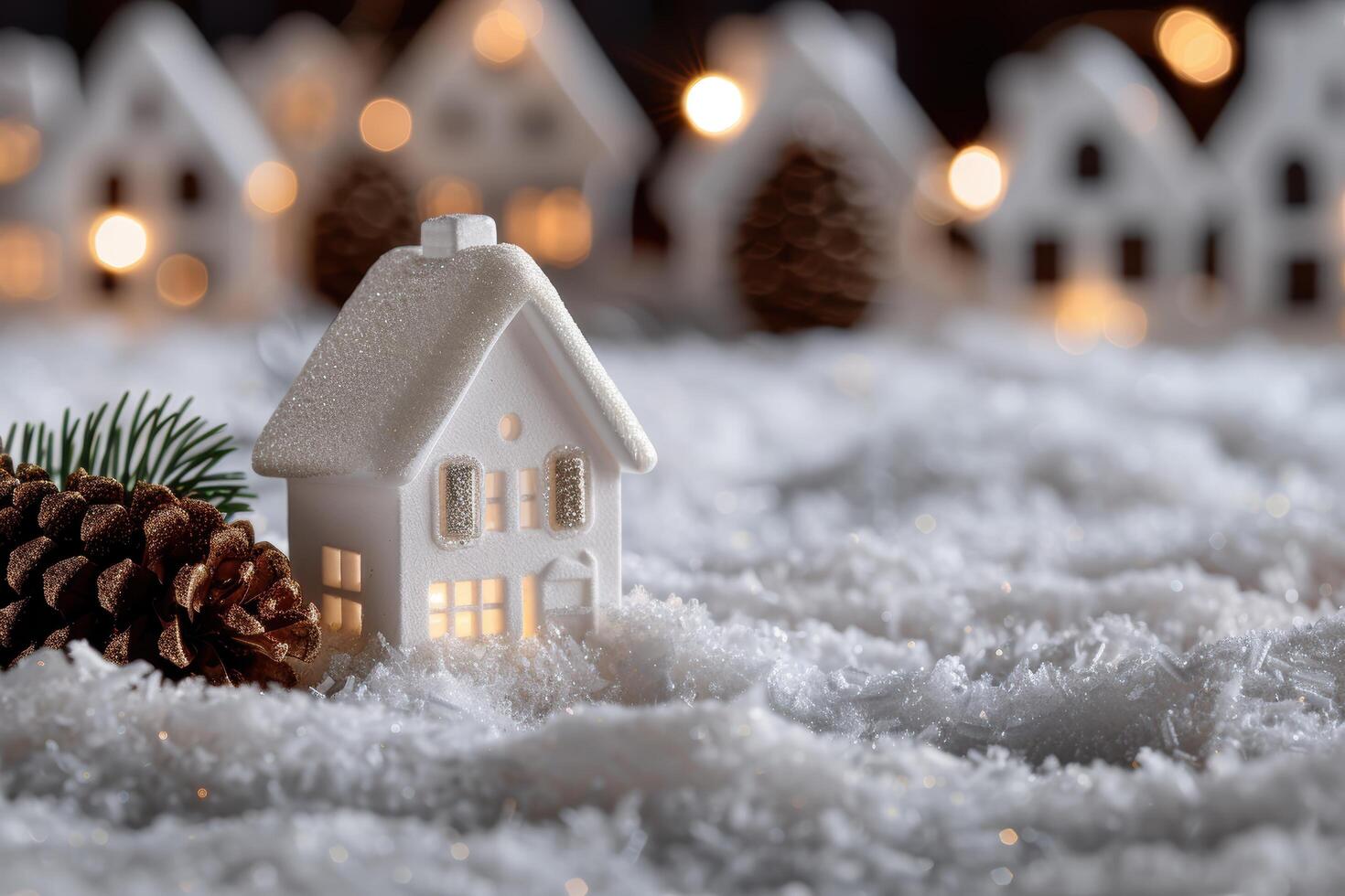 Cozy winter scene with glowing house in snow photo