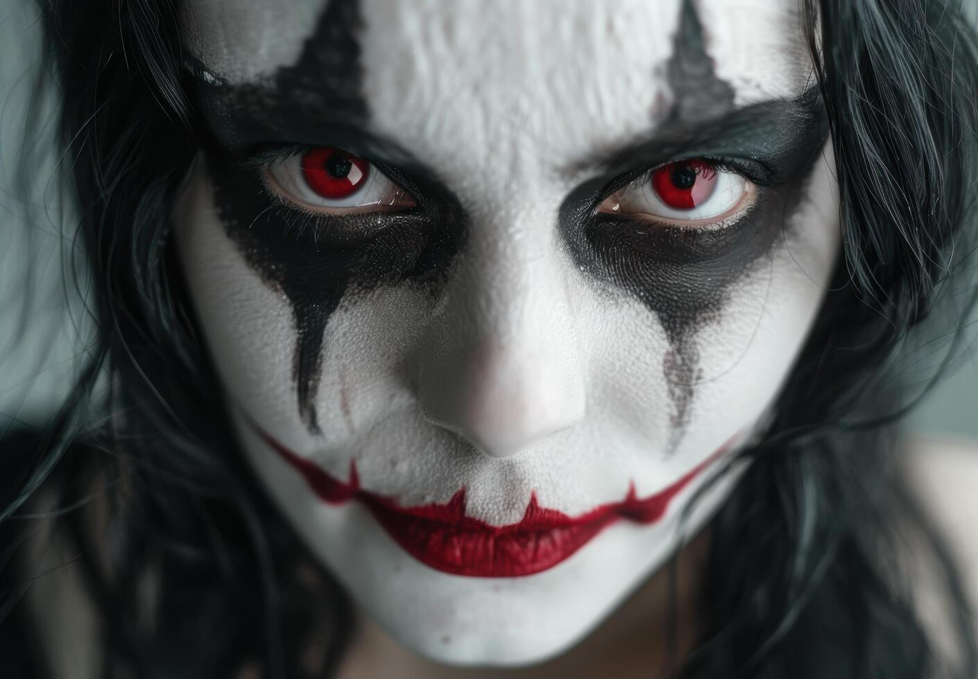 Creepy clown face with red eyes and black makeup photo