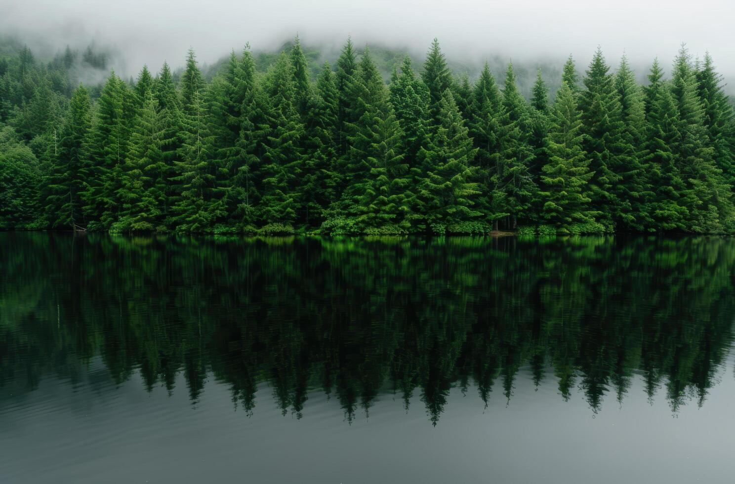 Serene forest lake reflection in misty mountains photo