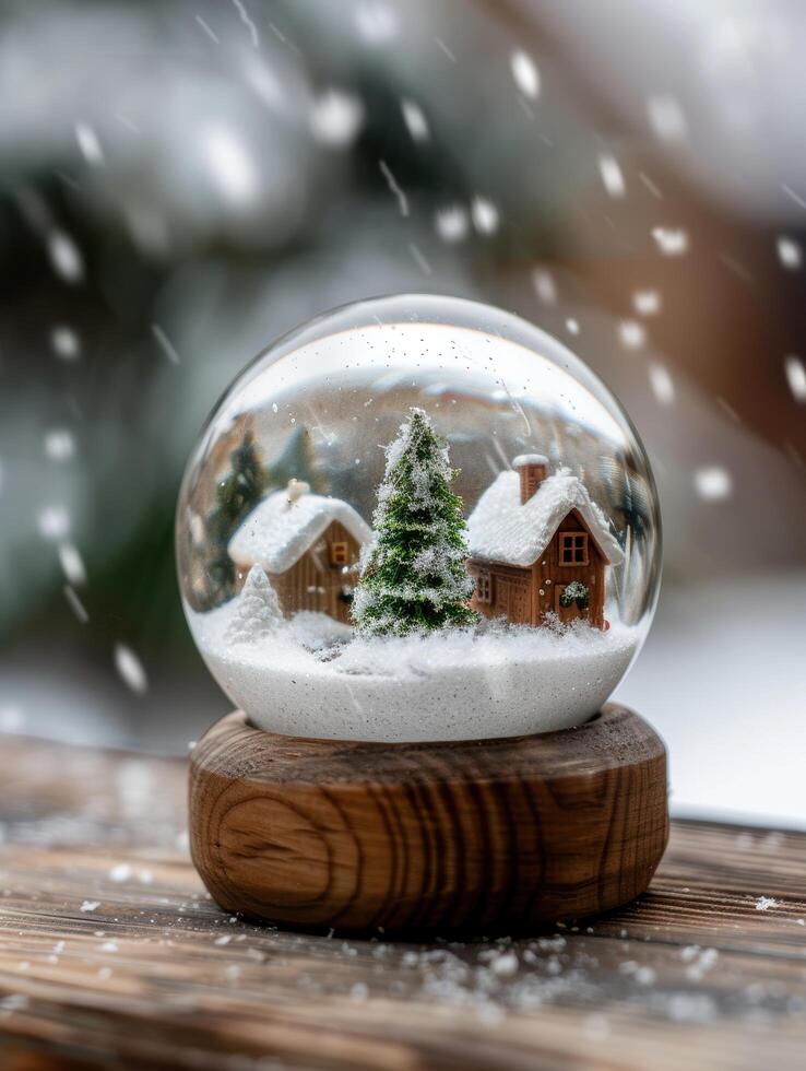 Cozy winter snow globe with miniature houses and christmas tree photo