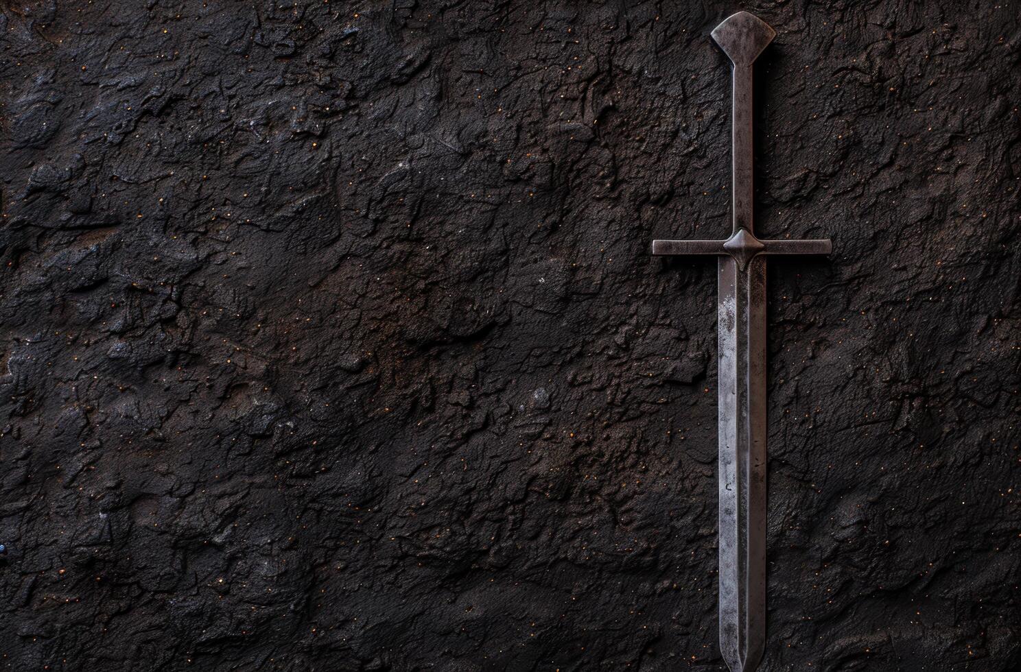 ancient sword against dark stone wall photo