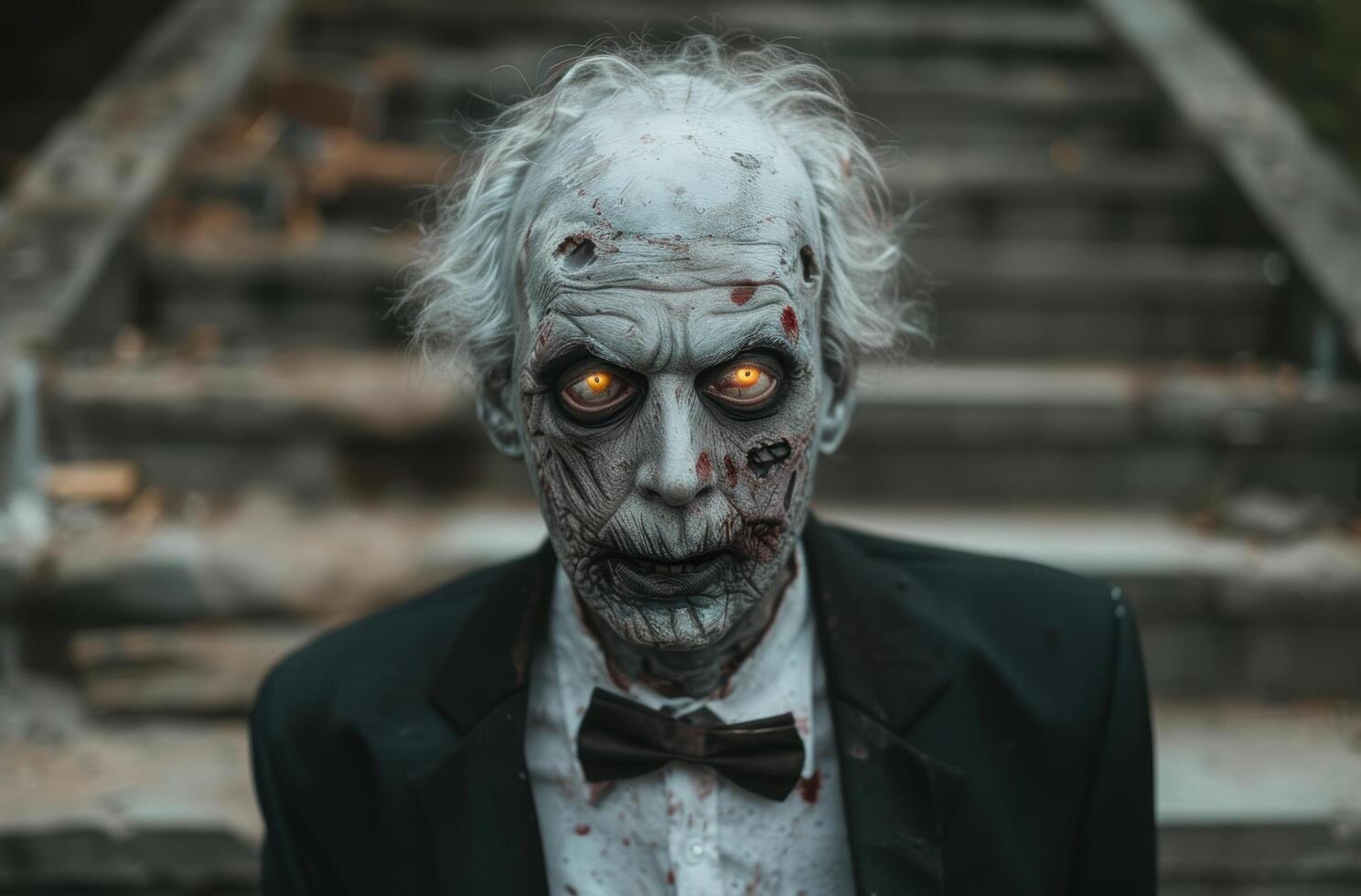 Creepy zombie businessman with glowing eyes photo