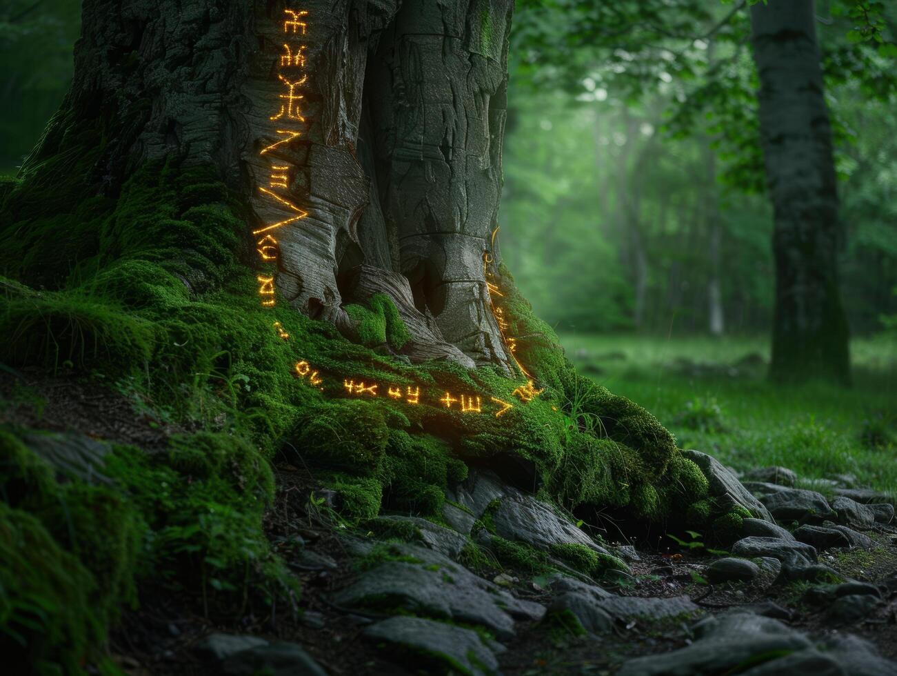 Mystical forest scene with glowing runes photo