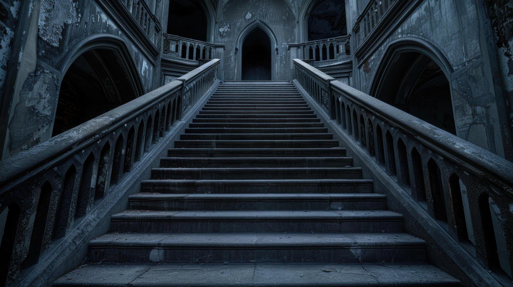 dark and mysterious staircase in an abandoned castle photo