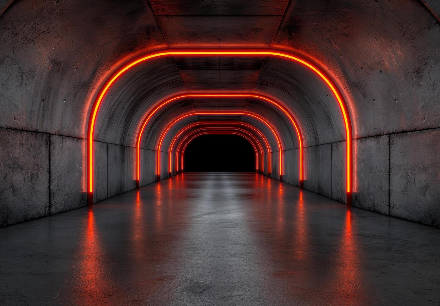 Glowing red tunnel in dark underground space photo