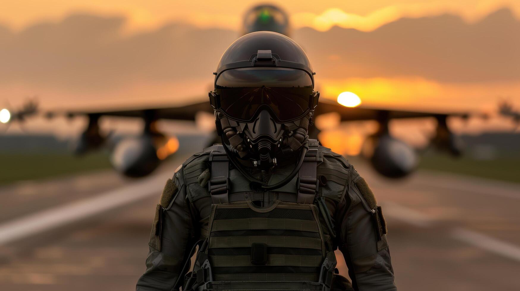 military pilot in tactical gear at sunset photo