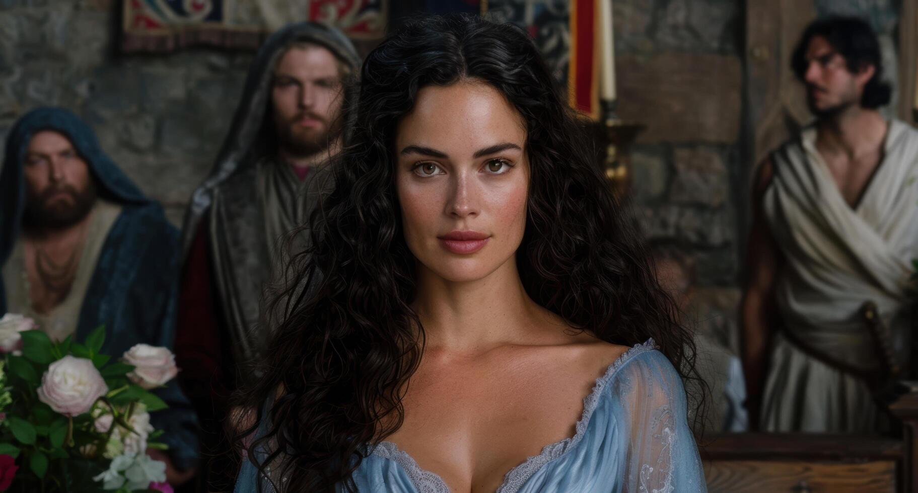 beautiful woman in medieval dress surrounded by men photo