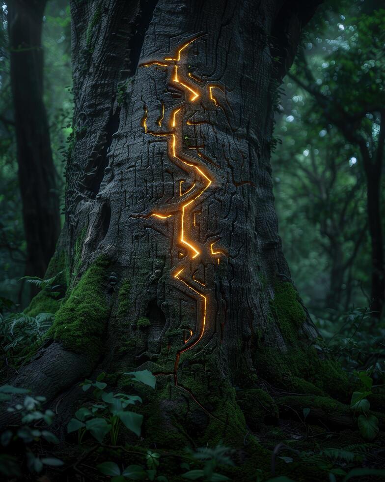 Glowing tree bark in a lush forest photo