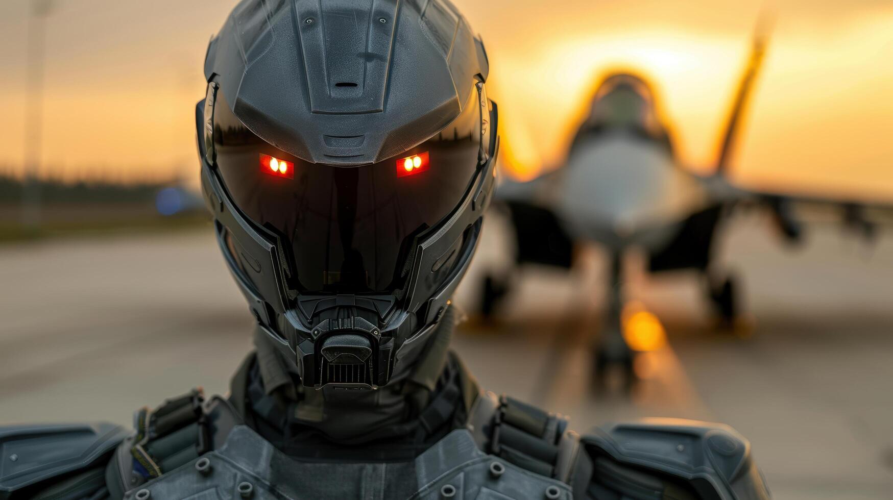 futuristic robot soldier with glowing red eyes photo