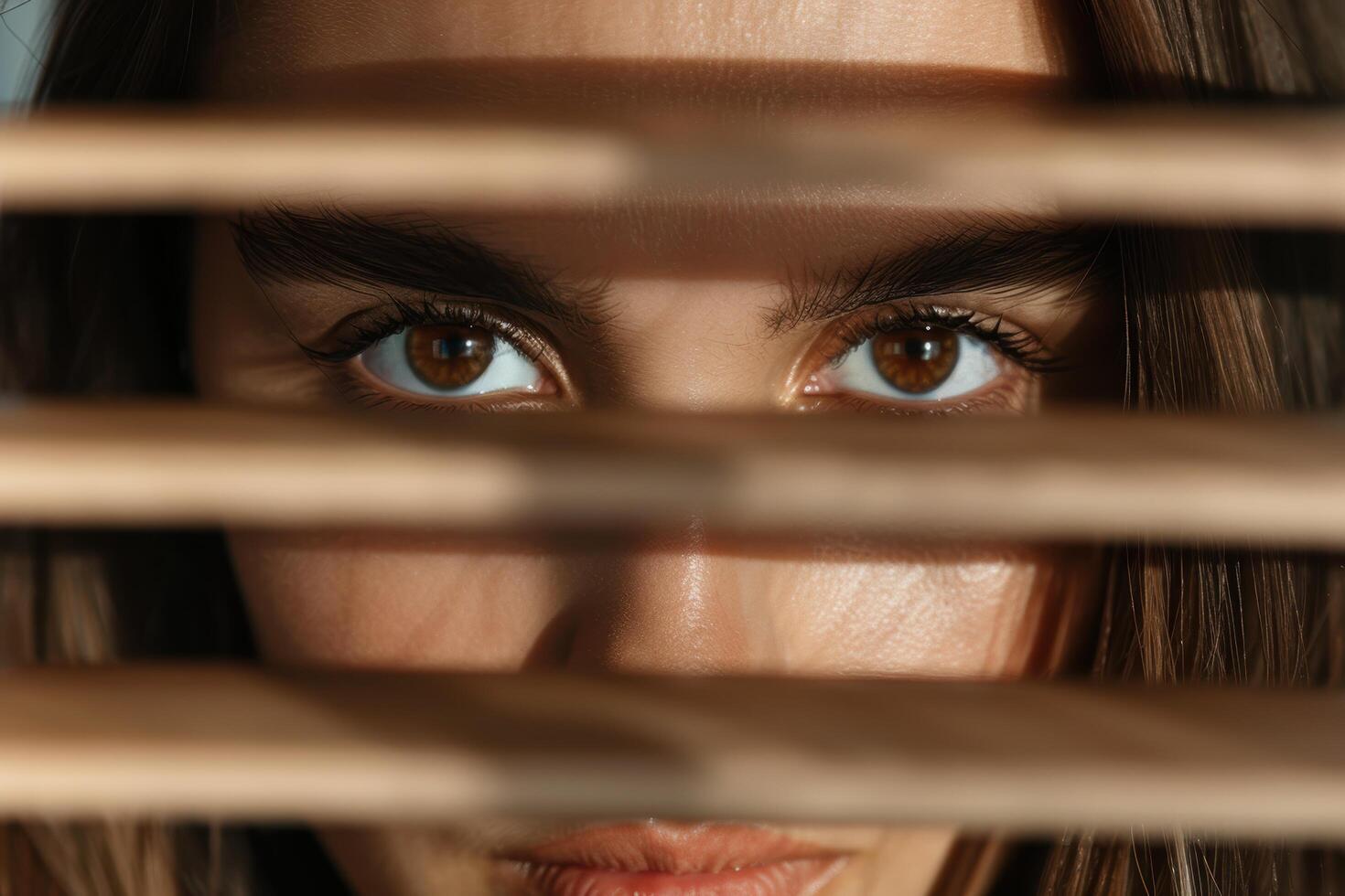 Mysterious womans eyes peeking through blinds photo