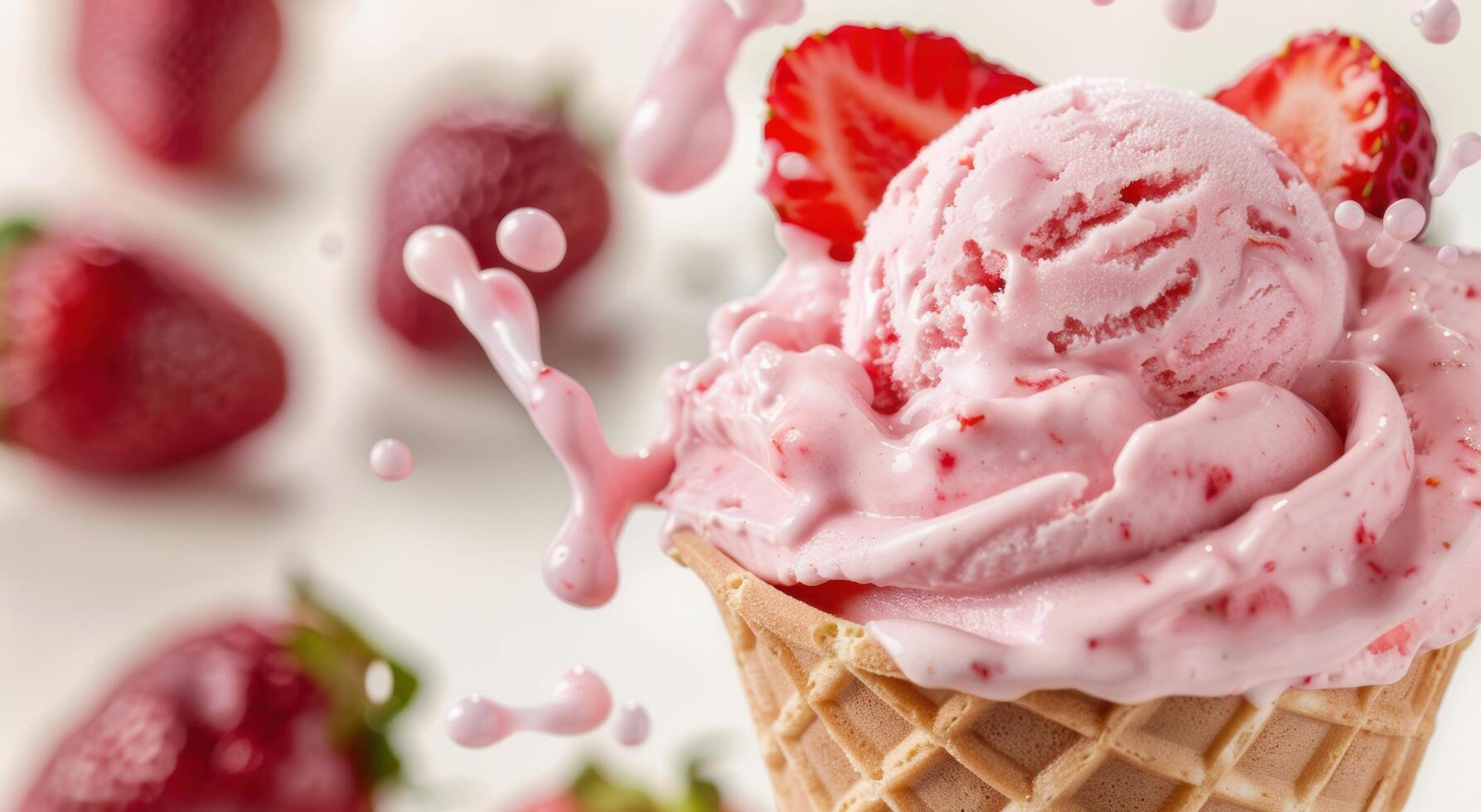 Delicious strawberry ice cream in a waffle cone photo