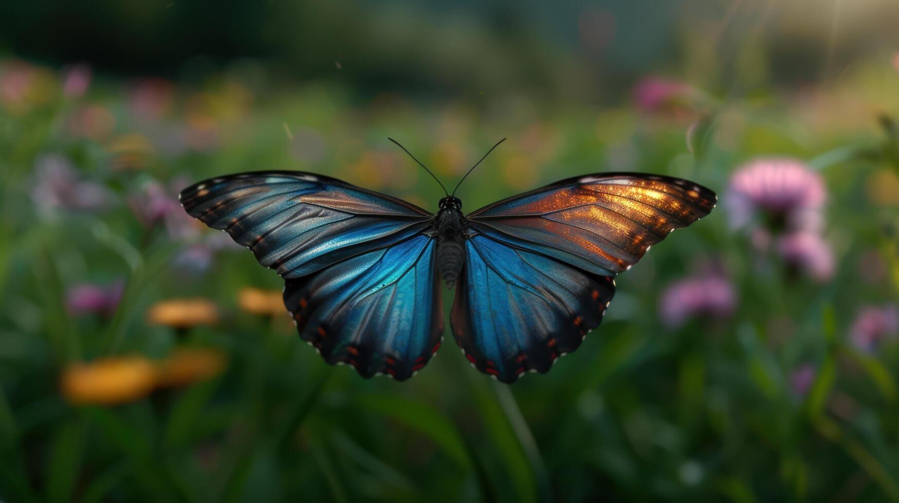 Vibrant blue and orange butterfly in a lush garden photo