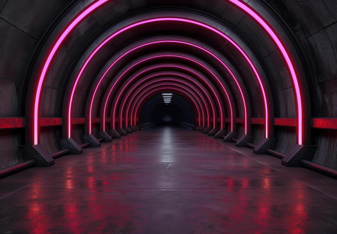 Vibrant neon tunnel with arched lighting photo