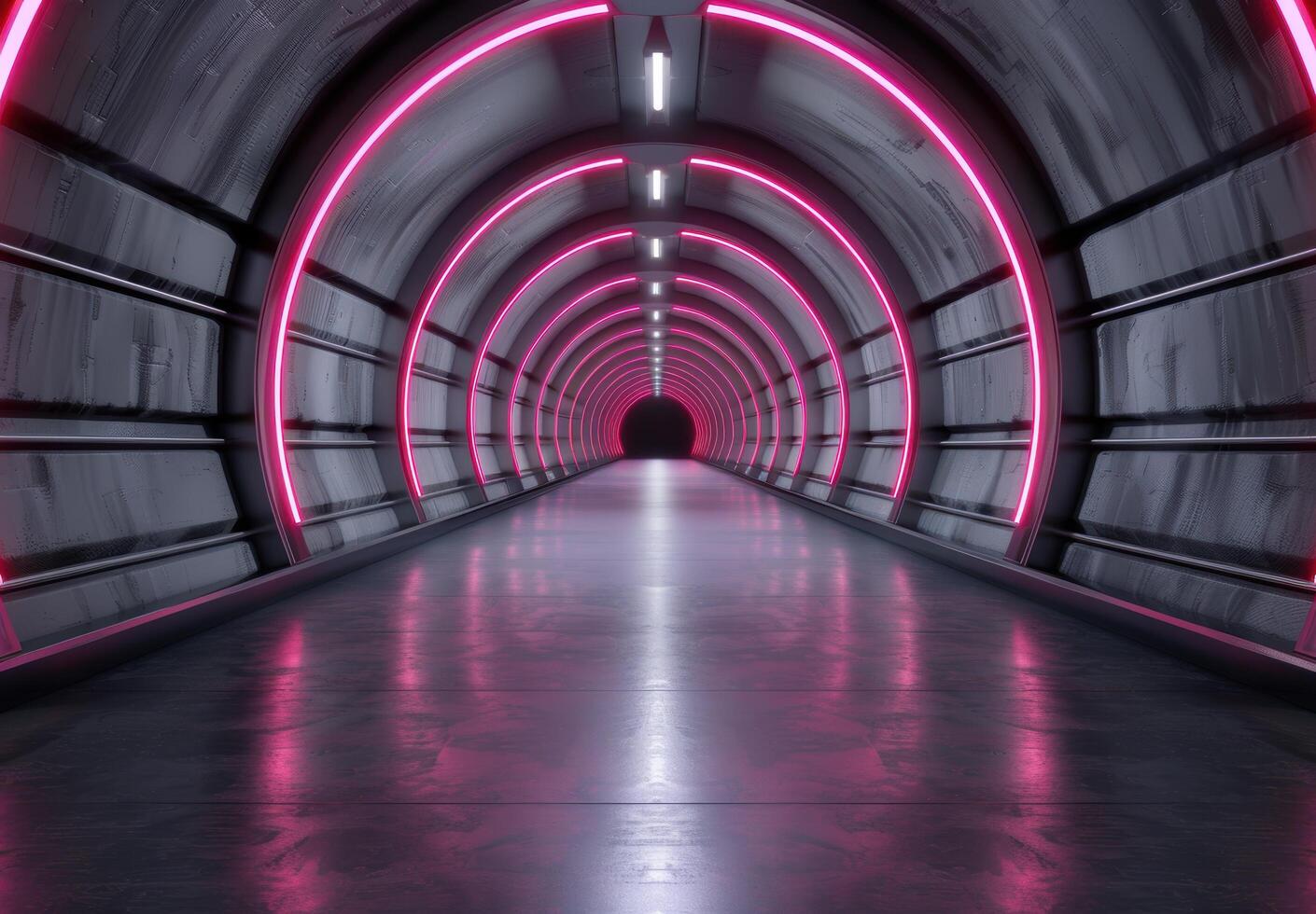 Futuristic neon tunnel with reflective floor photo