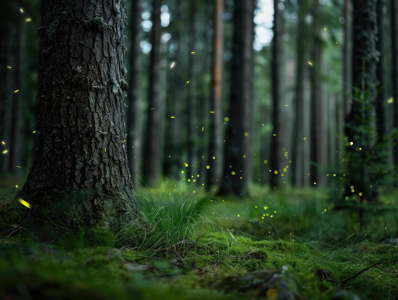 Enchanting forest scene with glowing fireflies photo