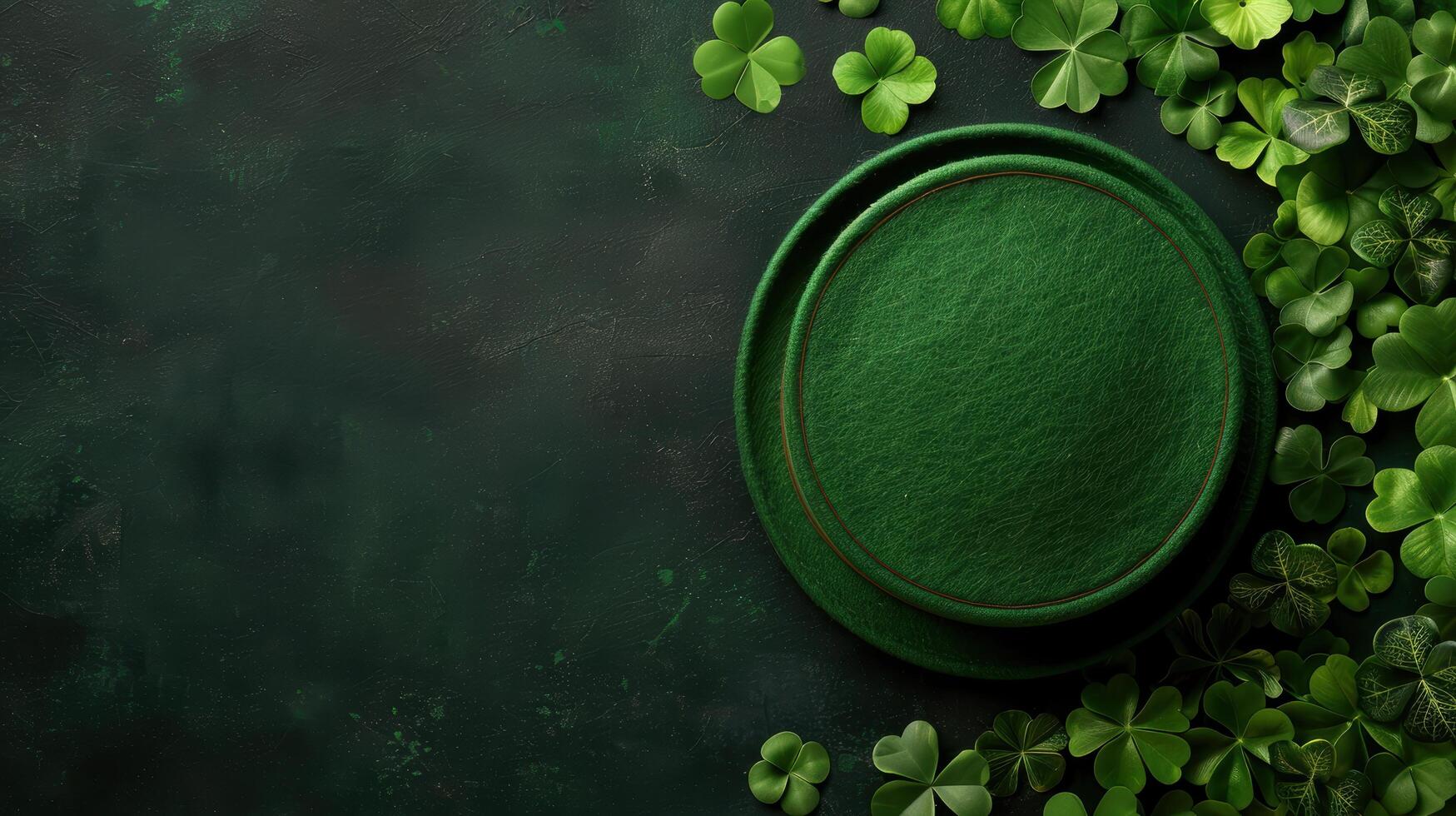 st patricks day themed background with green shamrocks and round plate photo