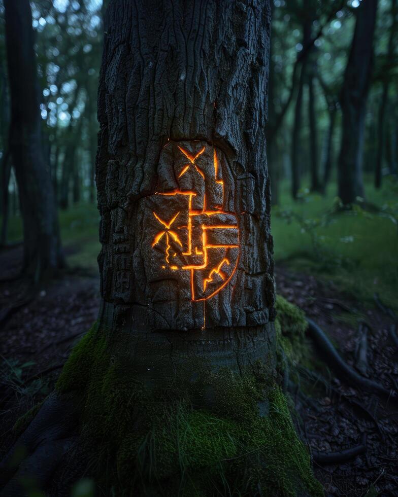 Glowing Pagan Symbol on Tree in Mysterious Forest photo