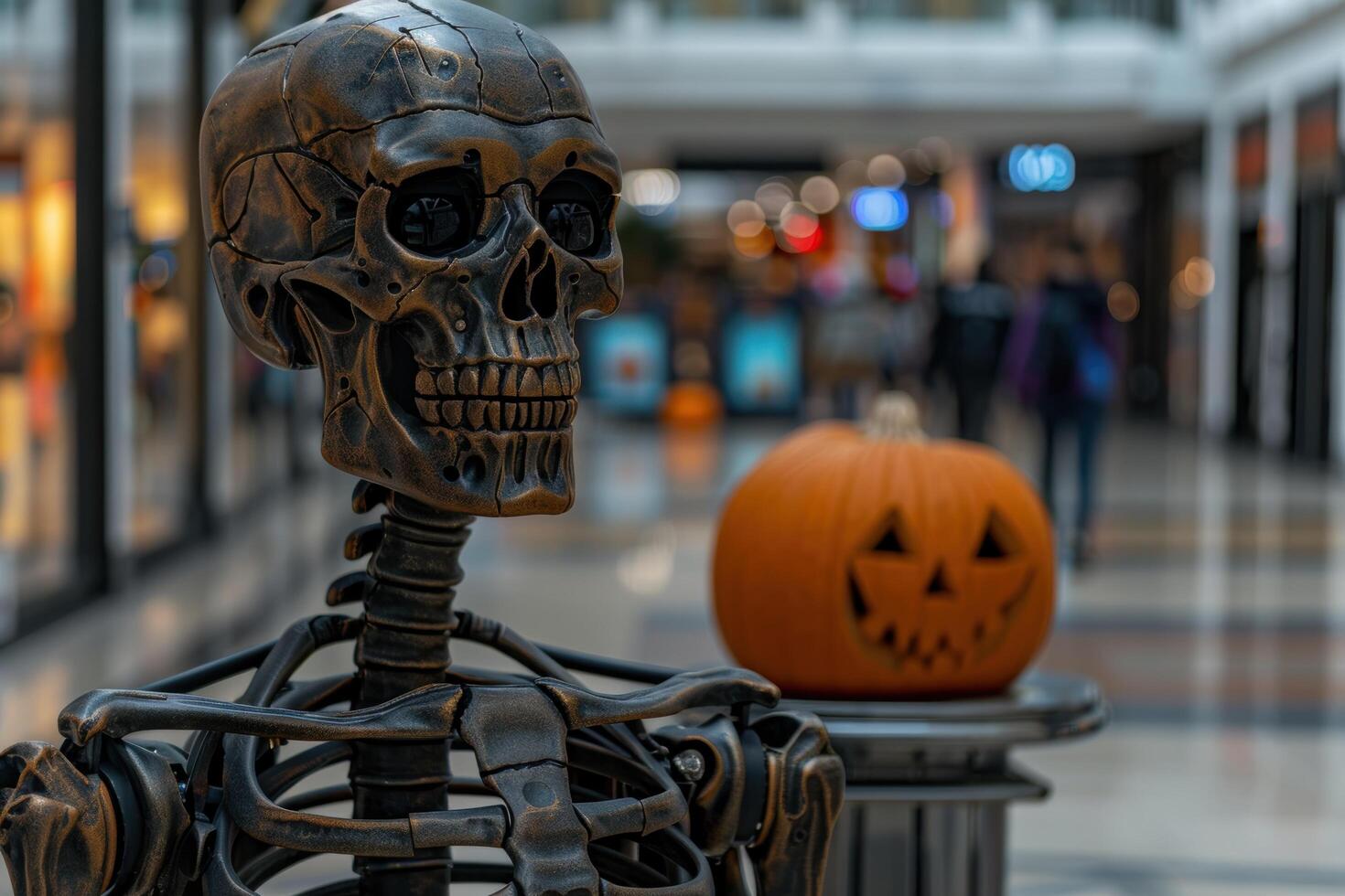 Spooky Halloween decoration with skull and pumpkin photo