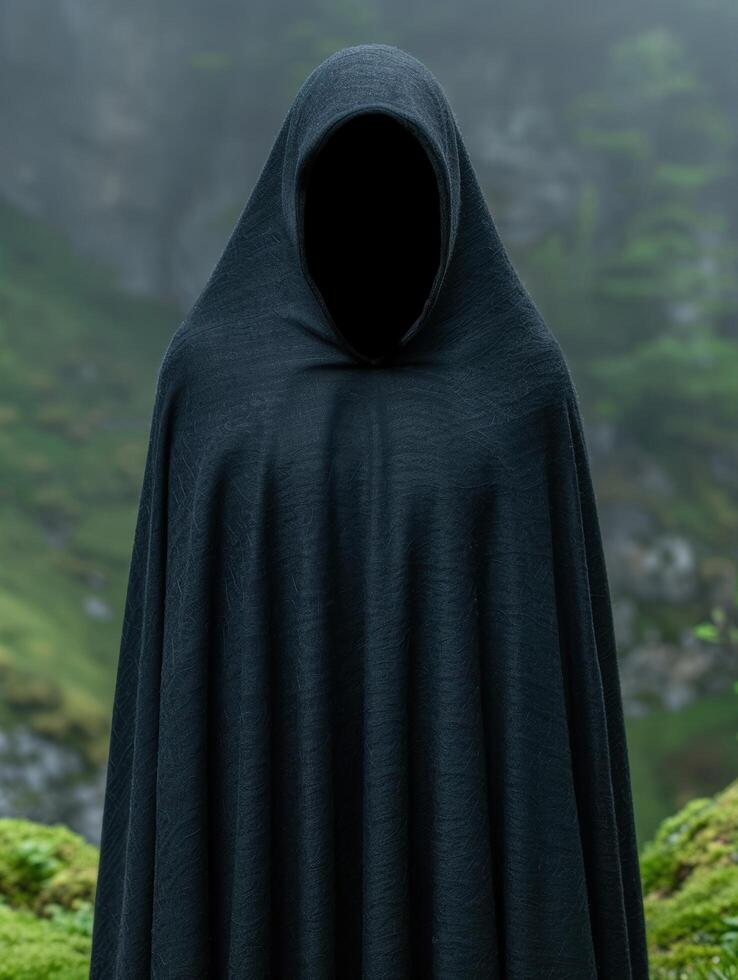 Mysterious hooded figure in a dark forest photo