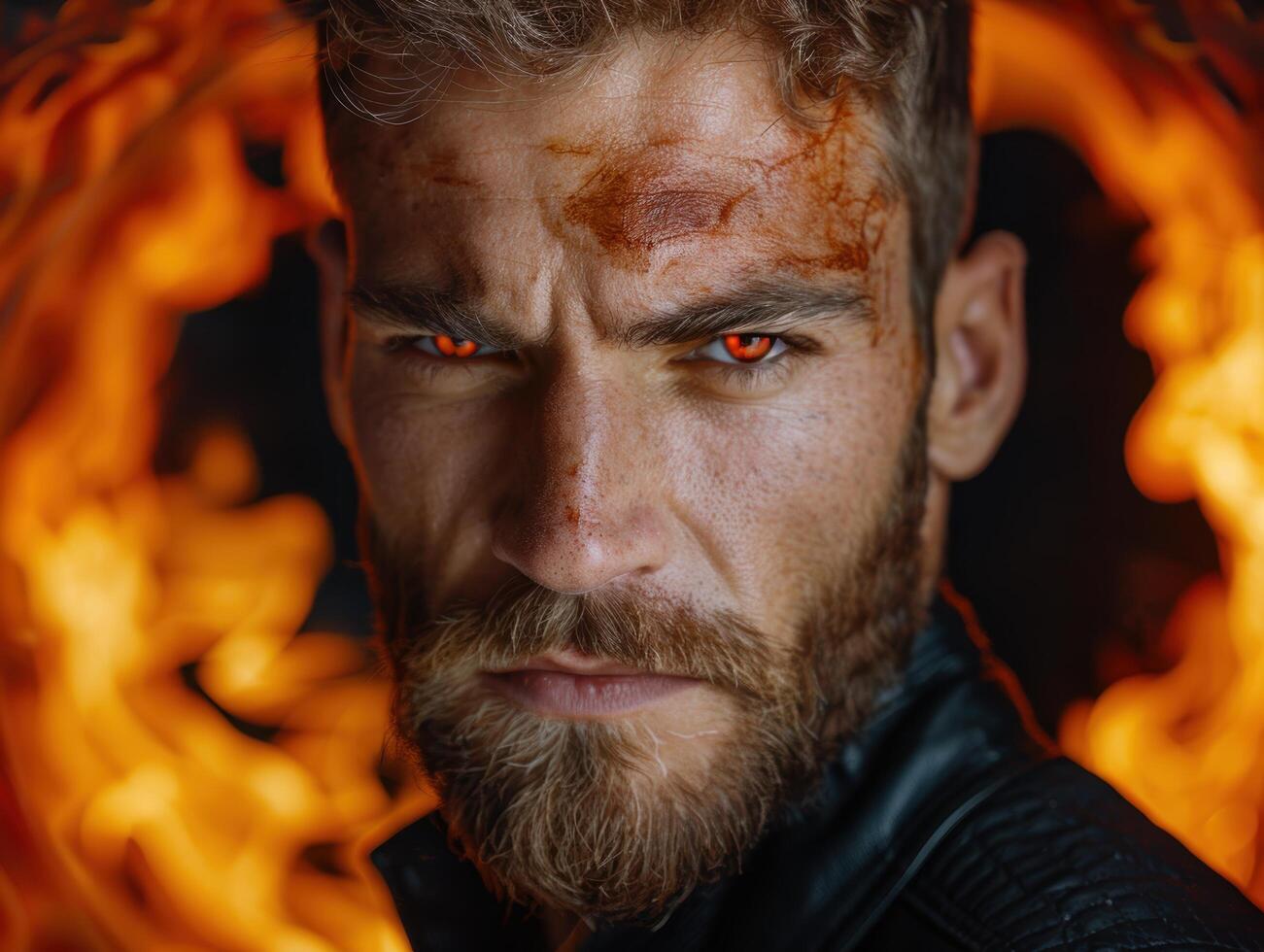 intense bearded man with fiery background photo