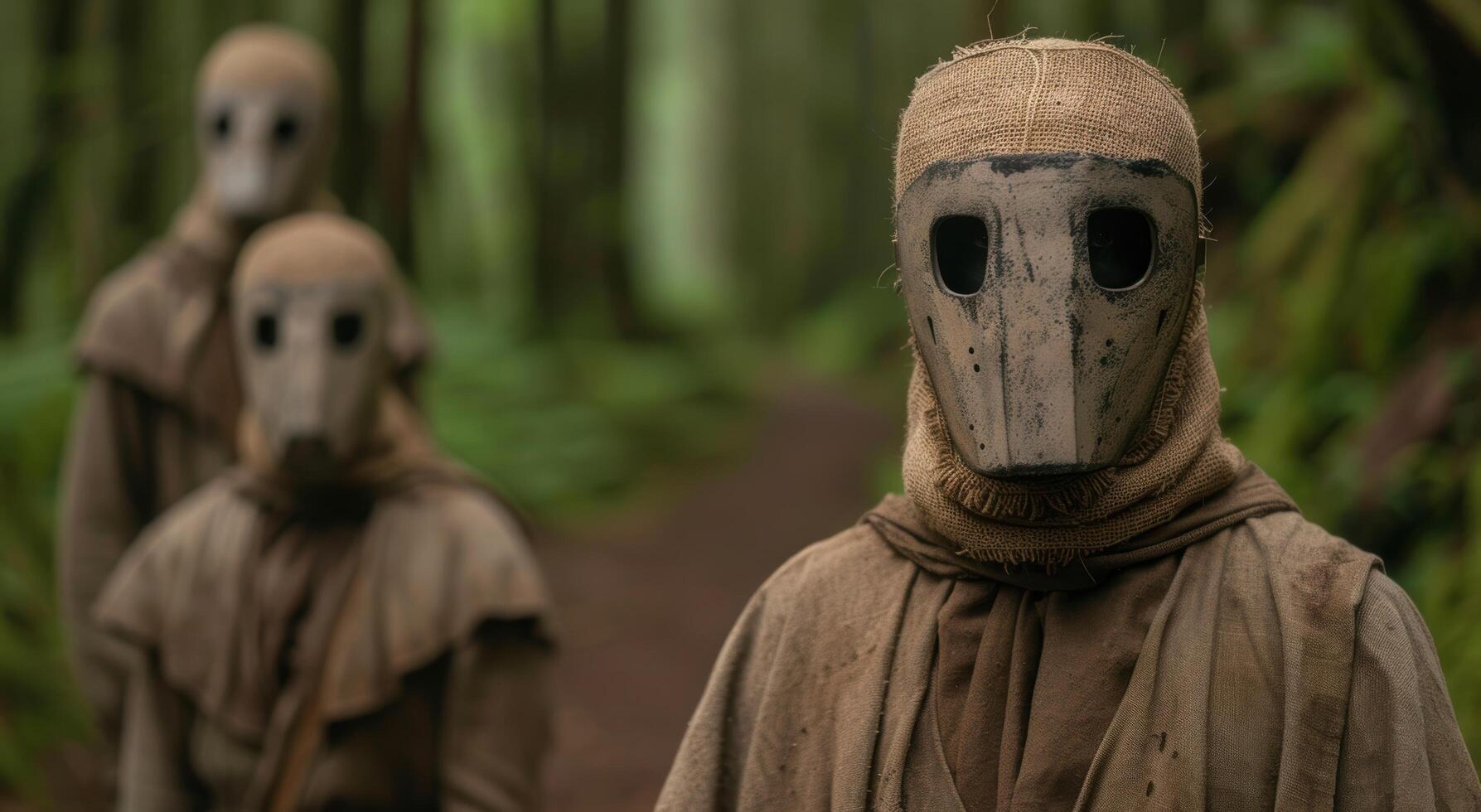 mysterious hooded figures in the forest photo