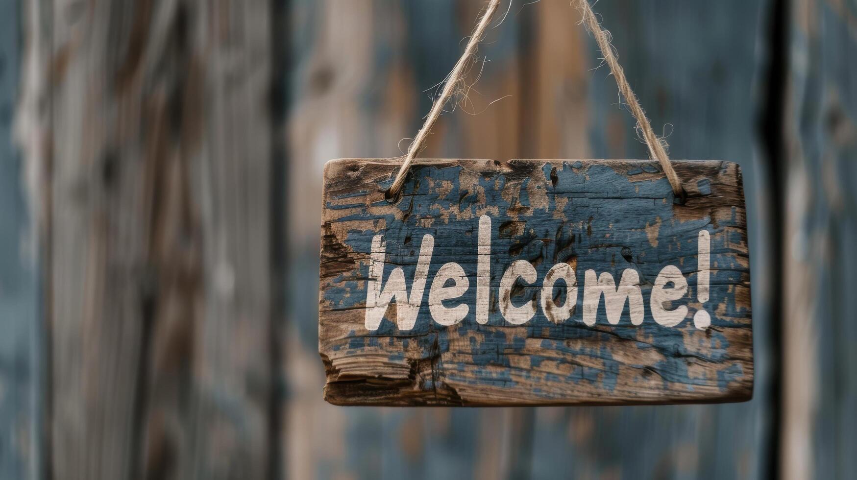 Rustic welcome sign hanging on wooden fence photo