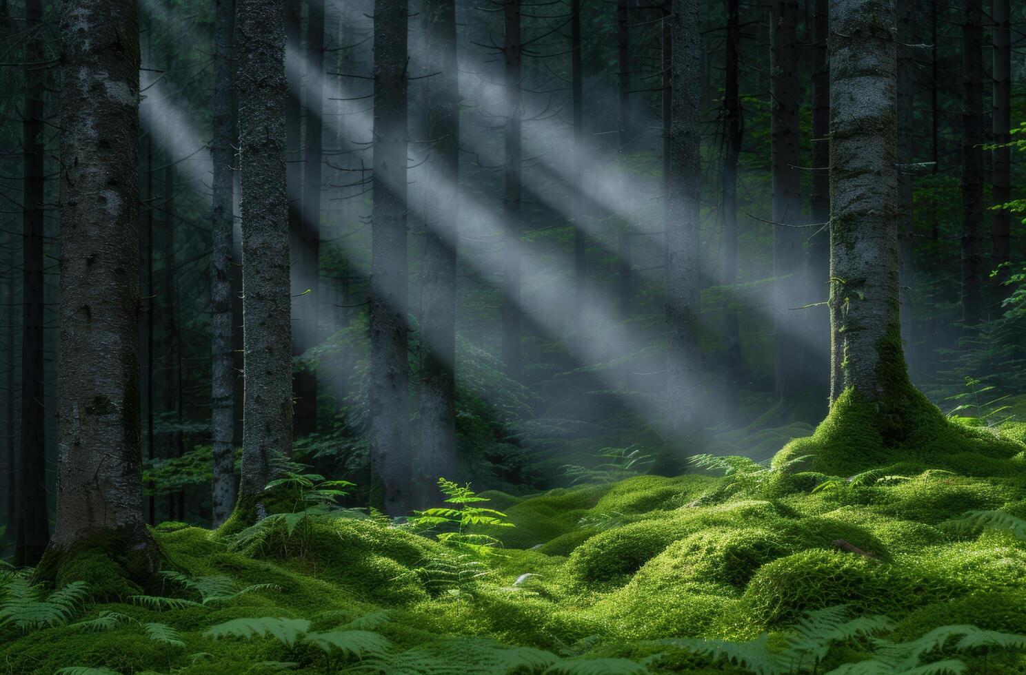 Enchanting Mossy Forest Landscape with Sunlight Beams photo
