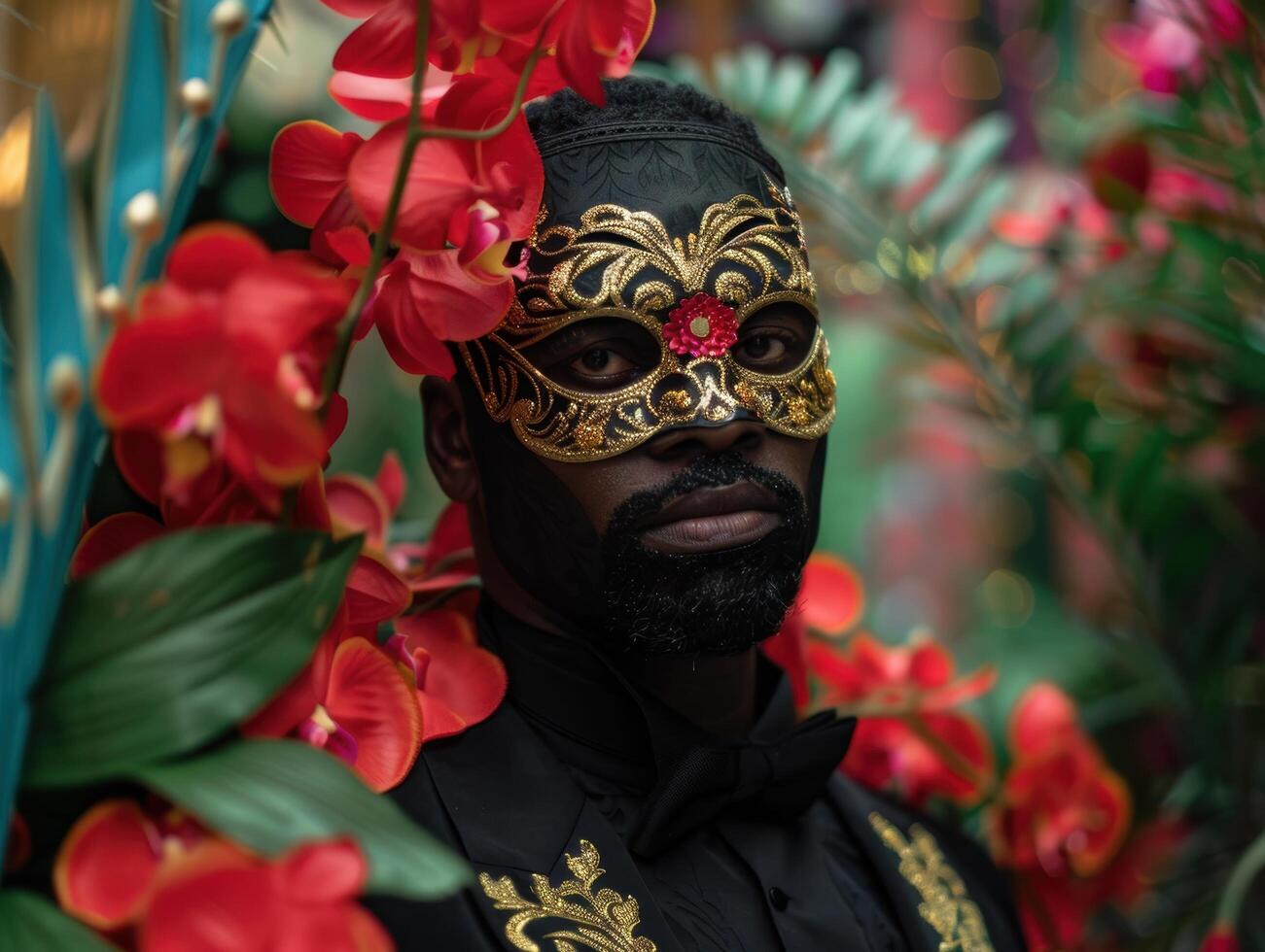 Mysterious man in ornate mask surrounded by vibrant flowers photo