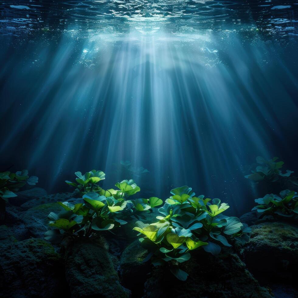 Underwater scene with sunlight shining through the water photo