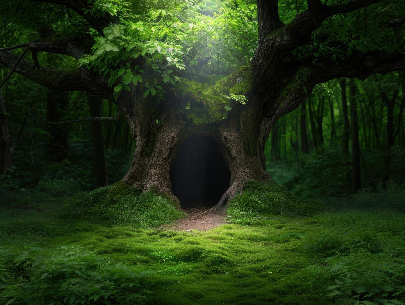 Enchanting forest path through ancient tree tunnel photo