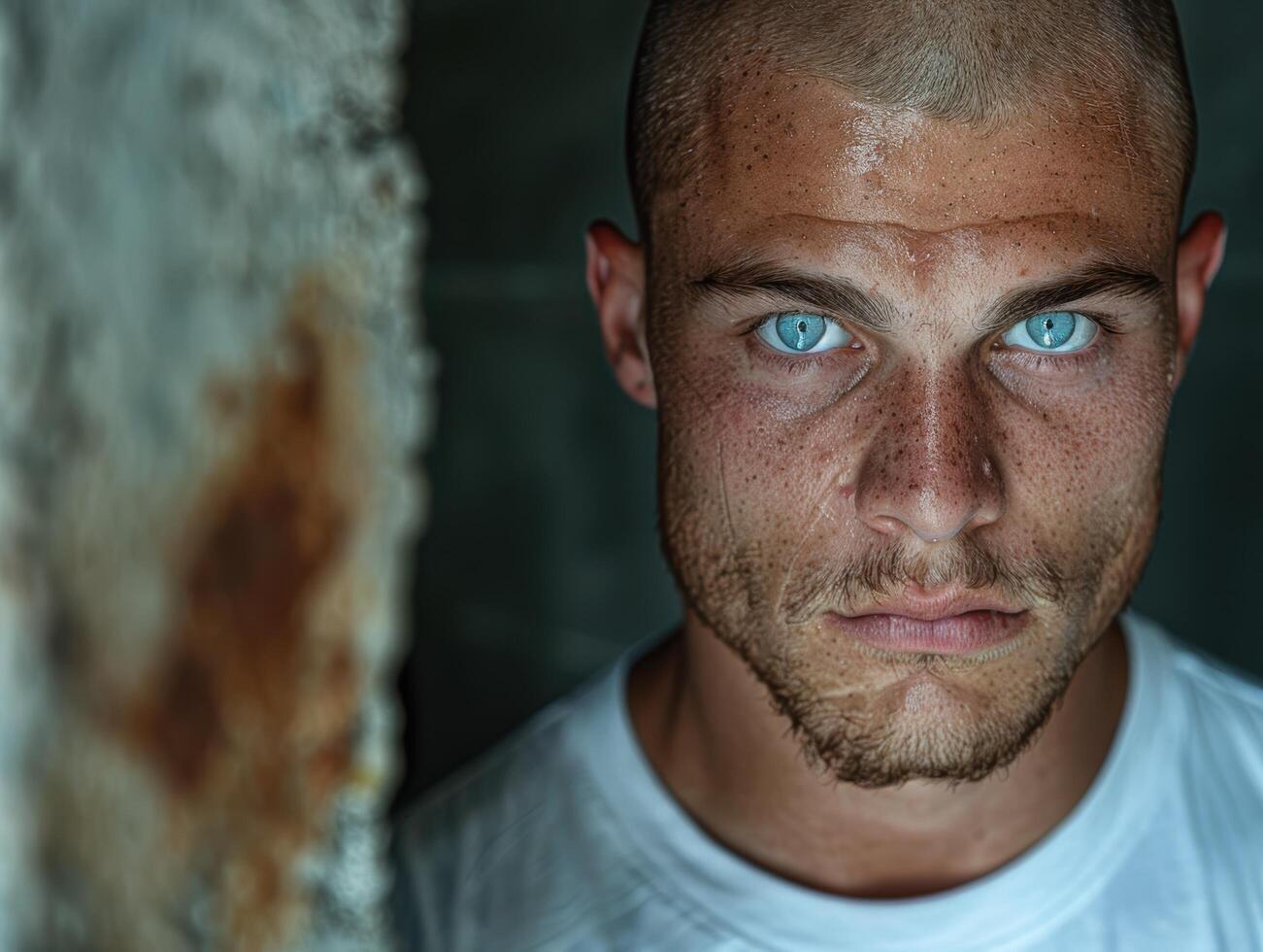 Intense blue eyed man with freckles and beard photo