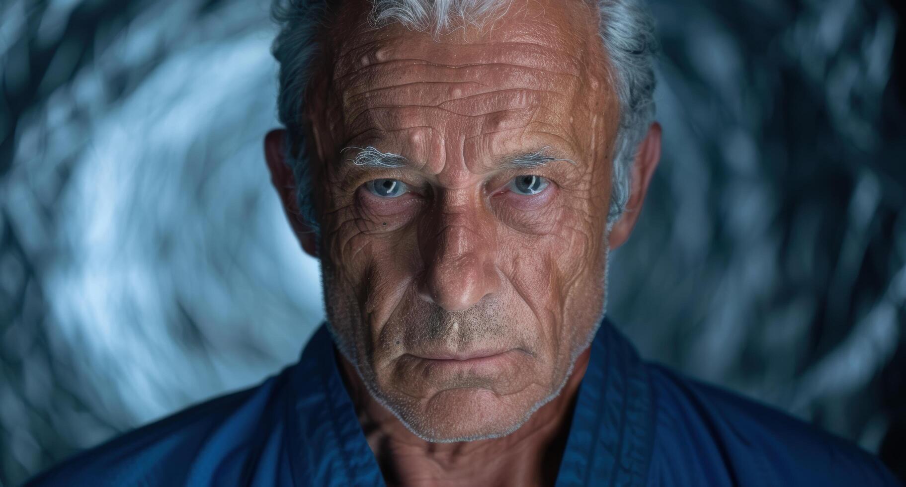 Weathered face of elderly man with intense gaze photo