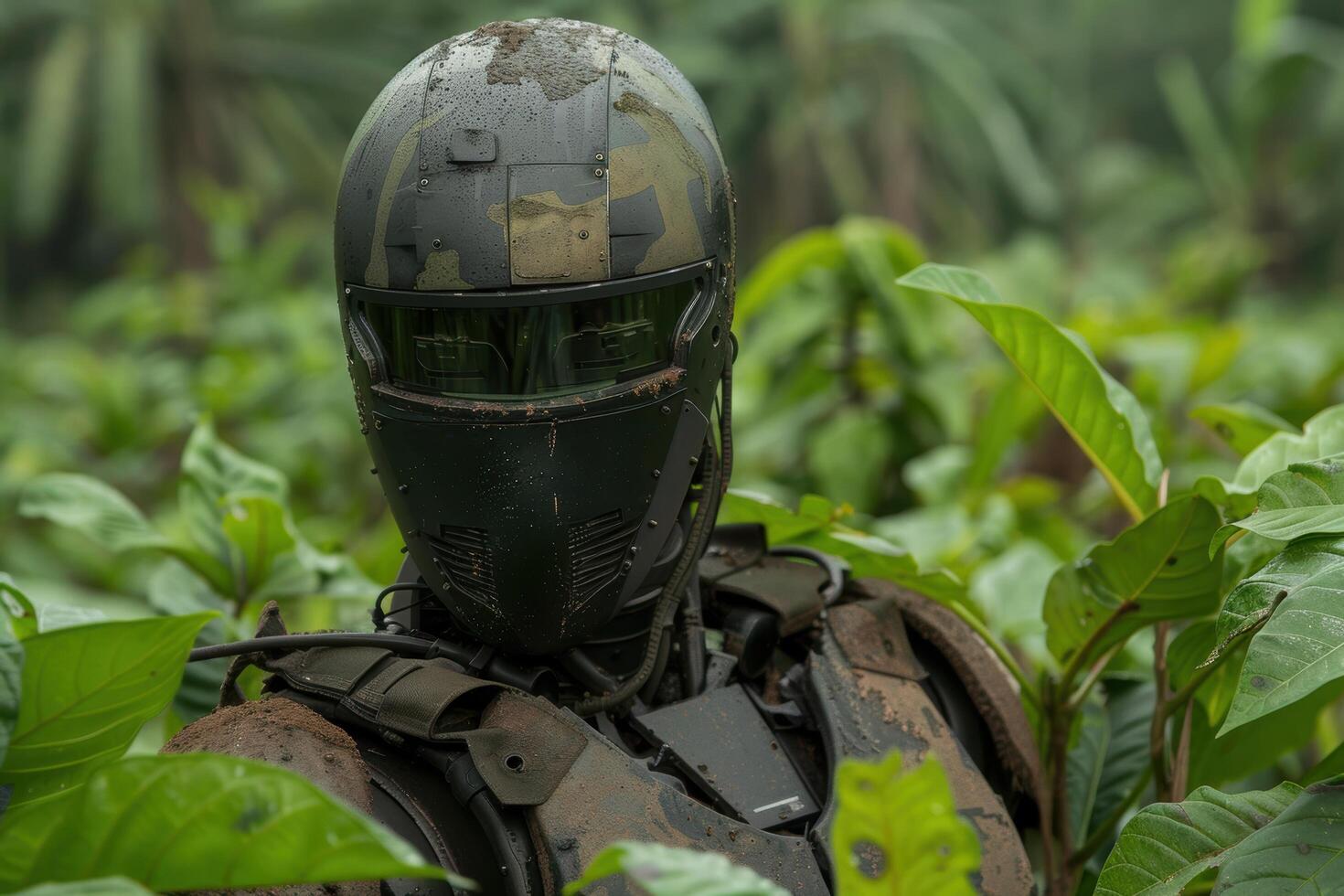 Futuristic soldier helmet in lush green foliage photo