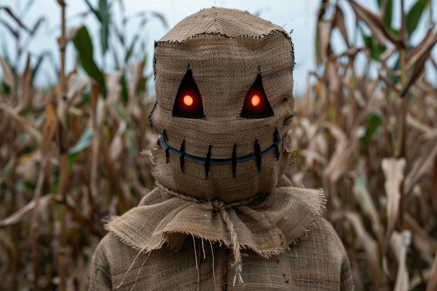 Spooky scarecrow with glowing eyes in a corn field photo