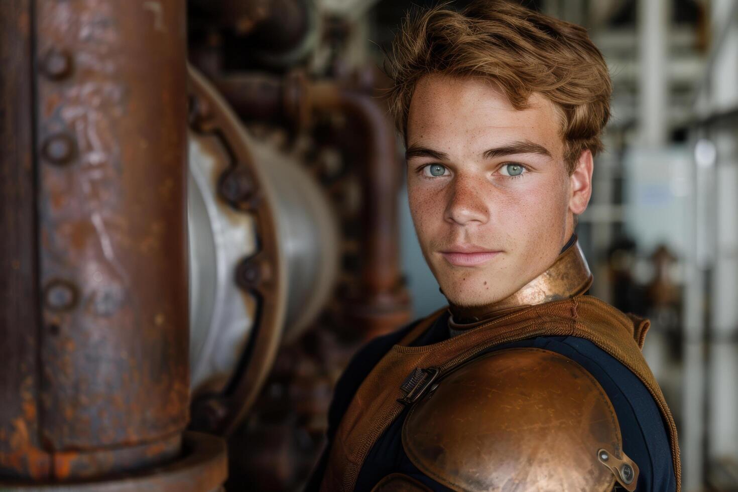 Portrait of a young man with piercing blue eyes and rugged outdoor gear photo