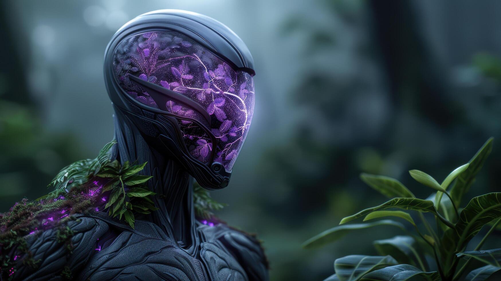 Futuristic cyborg in nature photo