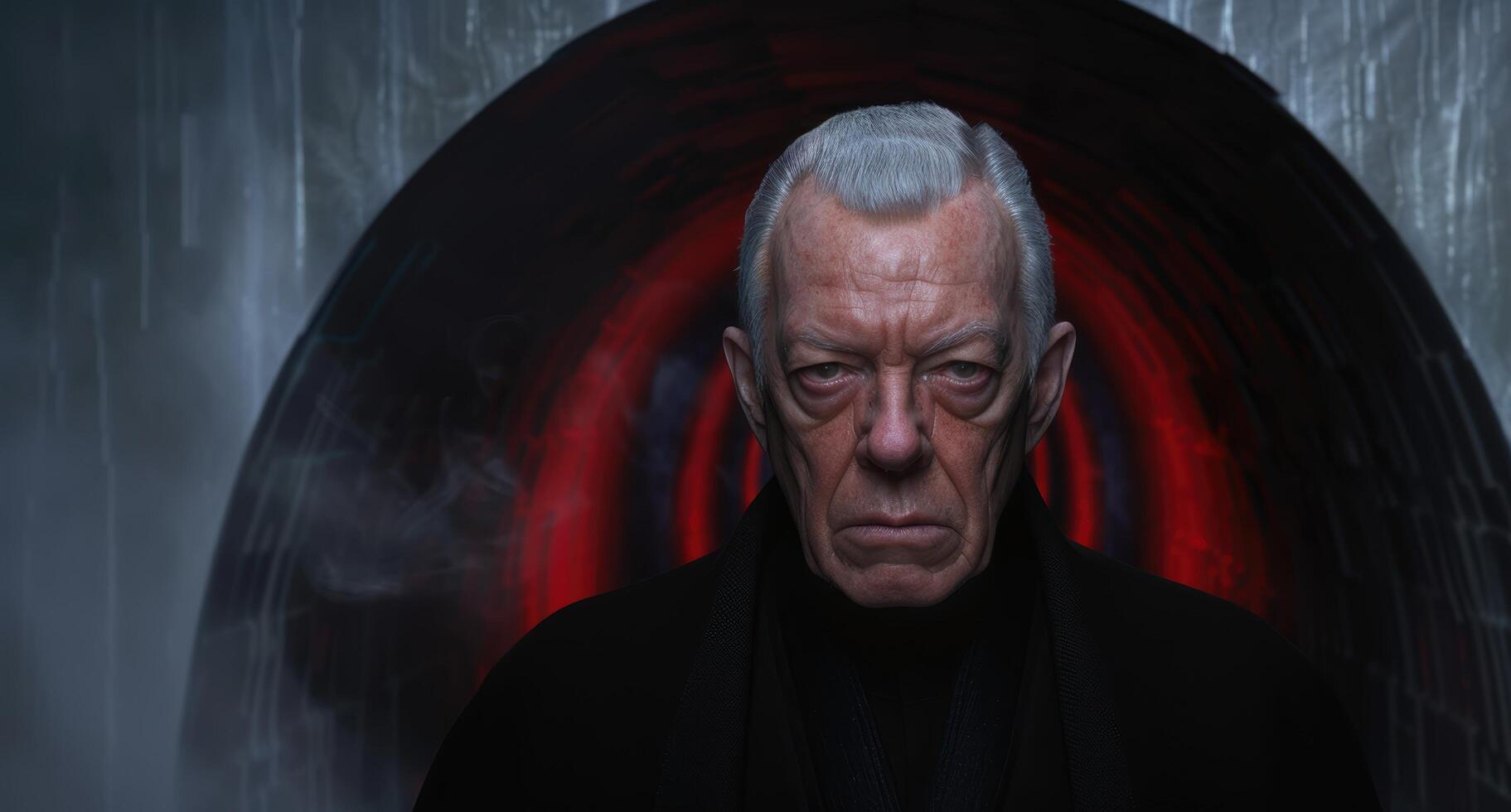 Mysterious elderly man in dark cloak with glowing red background photo