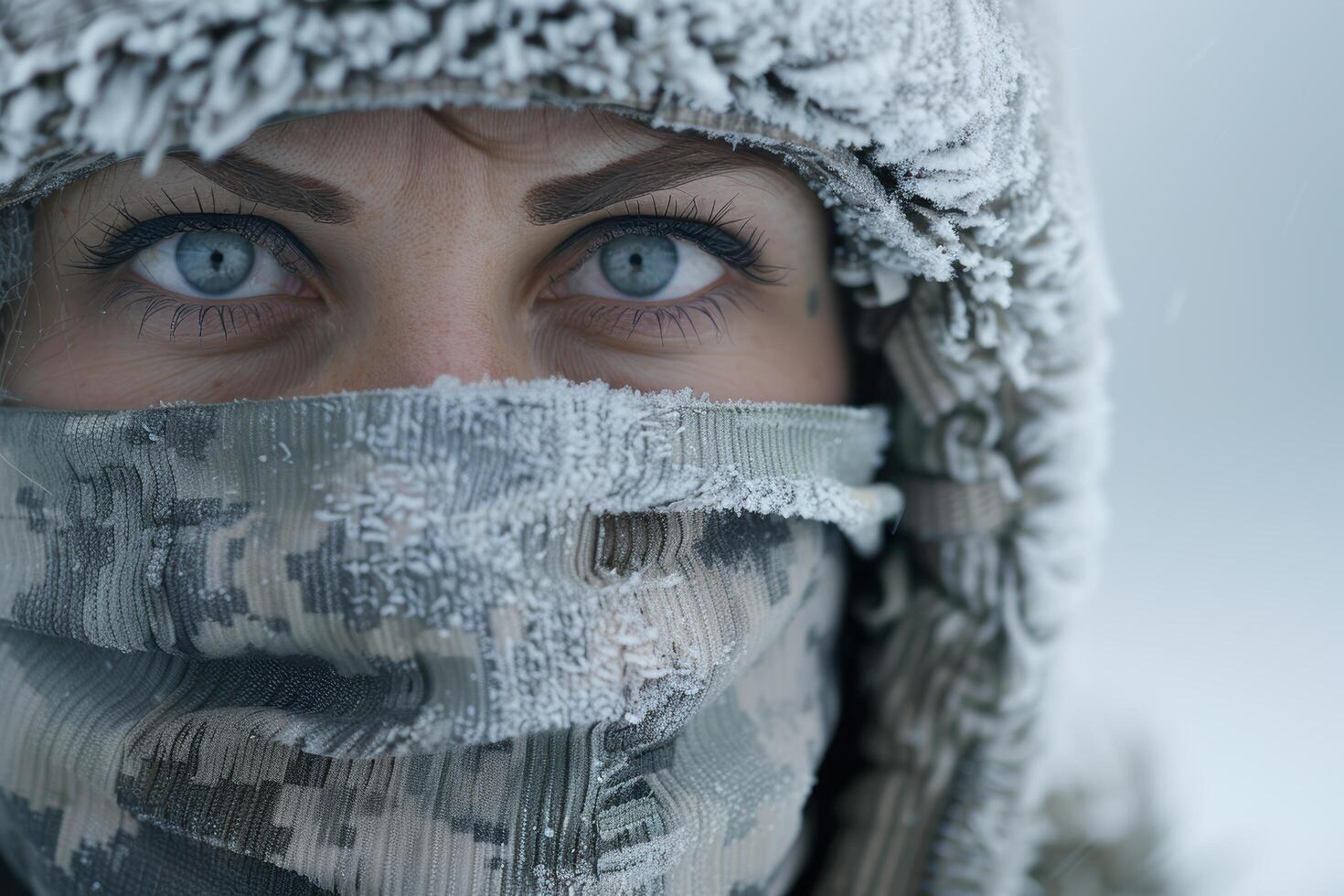 Closeup of a persons face bundled up in winter clothing photo