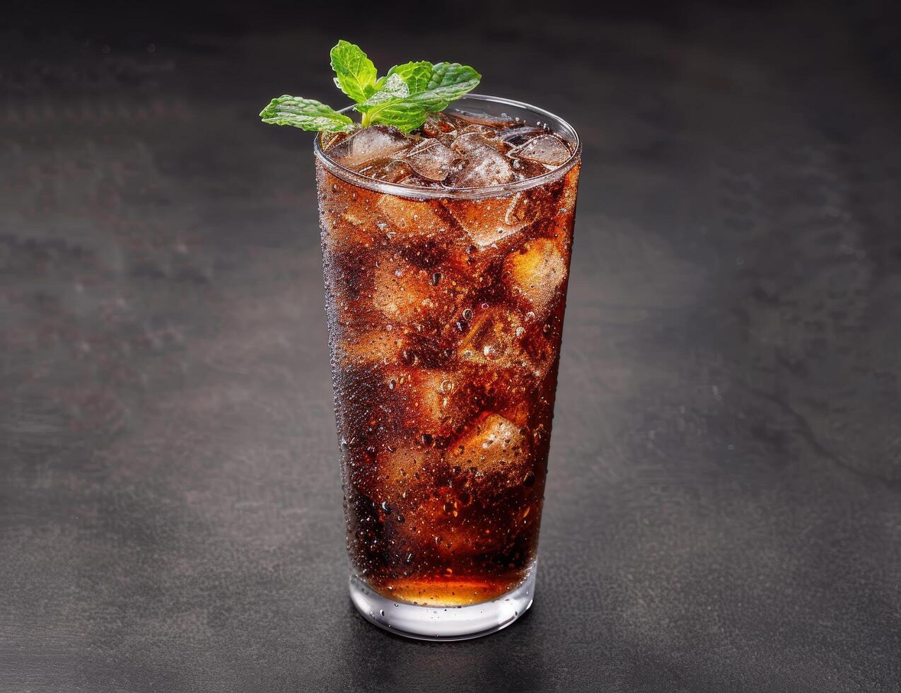 Refreshing iced cola drink with mint garnish photo