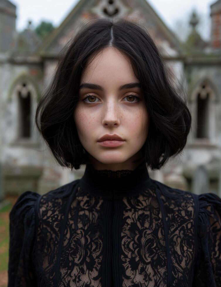 Mysterious woman with dark hair in gothic lace dress photo