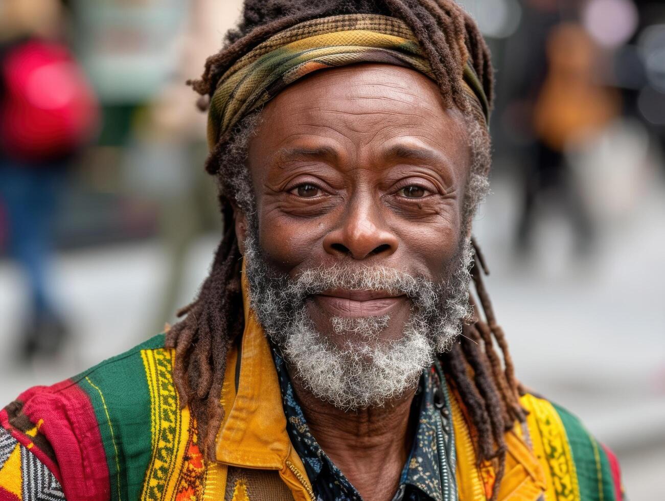 Vibrant portrait of a smiling older man with dreadlocks photo