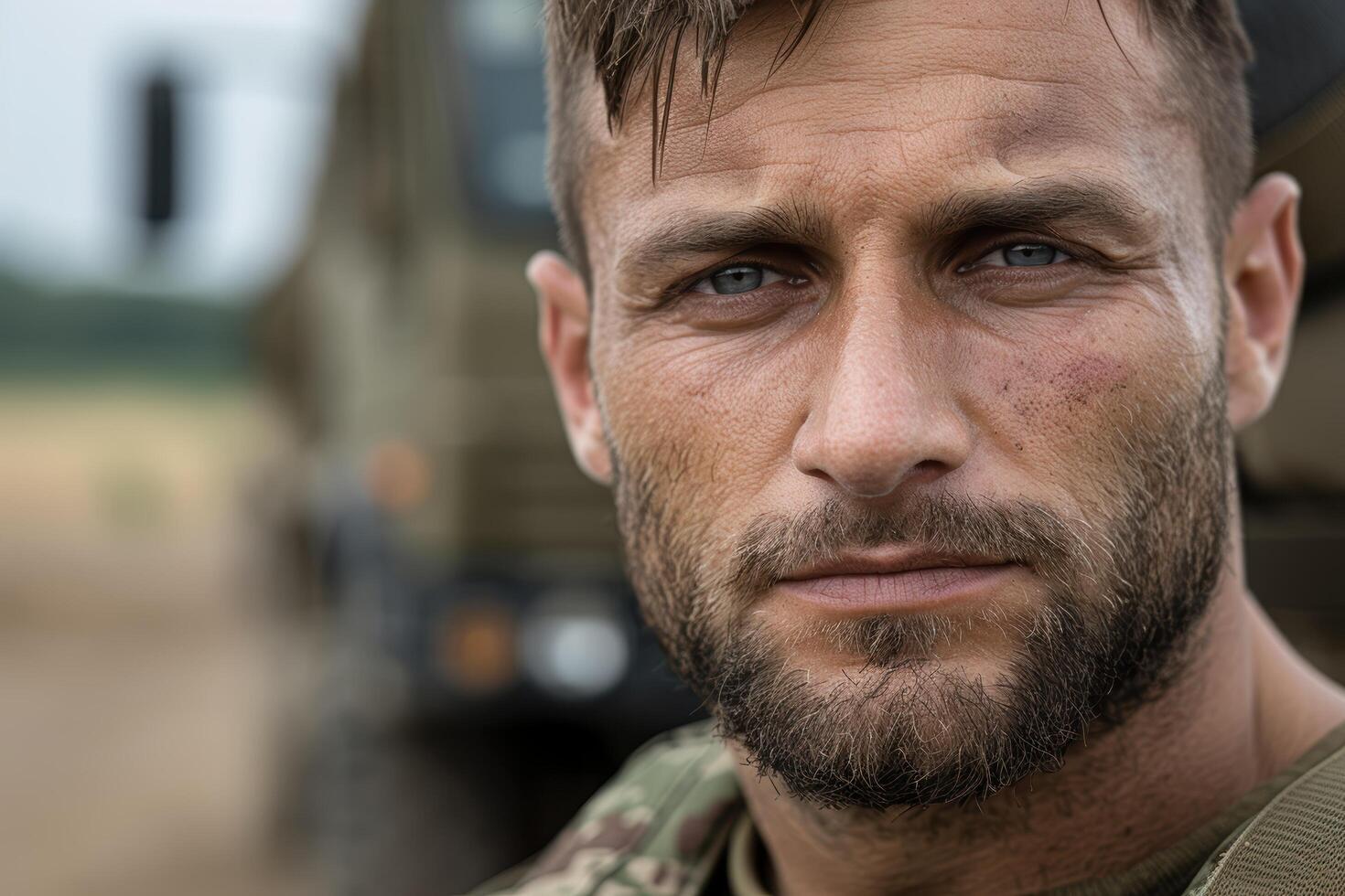 Rugged military man with beard and intense gaze photo